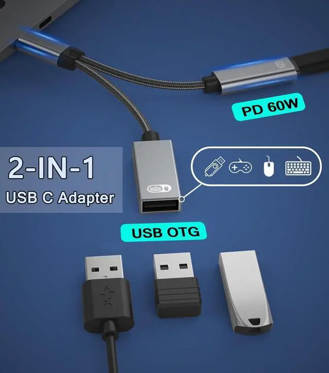 Alt view image 2 of 7 - USB C to USB OTG Adapter 2 in 1 USB C Splitter with PD 60W Charging Port and USB 3.0 Female Port Compatible wit iPhone 15 Pro MacBook Pro Chromebook Galaxy and More Type-C Devices