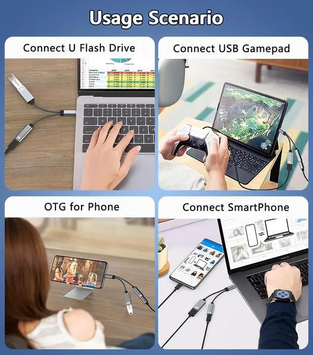 Alt view image 4 of 7 - USB C to USB OTG Adapter 2 in 1 USB C Splitter with PD 60W Charging Port and USB 3.0 Female Port Compatible wit iPhone 15 Pro MacBook Pro Chromebook Galaxy and More Type-C Devices