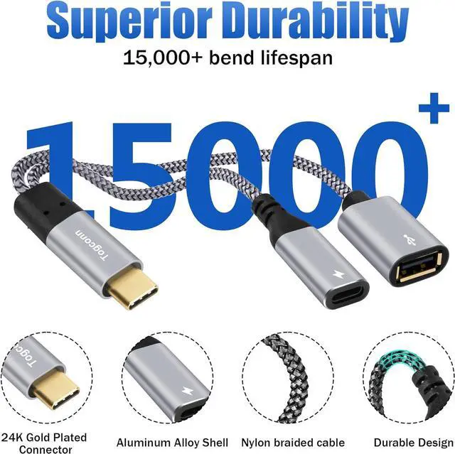 Alt view image 2 of 5 - USB C to USB OTG Adapter and PD Charger Splitter Y Cable 2 in 1 USB Type-C to USB Female OTG Port and PD 60W Fast Charging Cable for iPhone 15/15 Pro Max MacBook Pro Air Galaxy S24 Pixel 7
