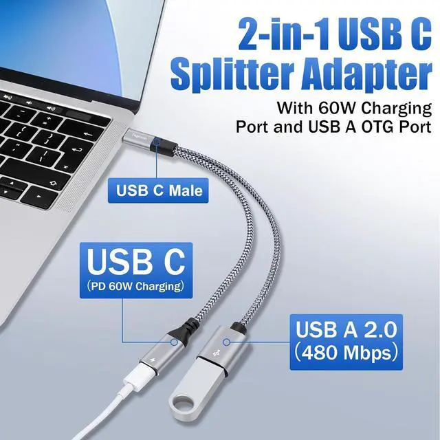 Alt view image 3 of 5 - USB C to USB OTG Adapter and PD Charger Splitter Y Cable 2 in 1 USB Type-C to USB Female OTG Port and PD 60W Fast Charging Cable for iPhone 15/15 Pro Max MacBook Pro Air Galaxy S24 Pixel 7