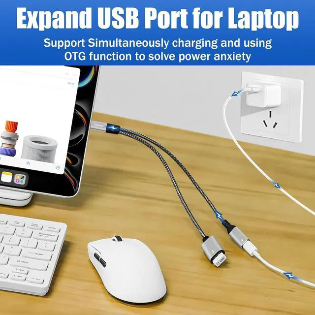 Alt view image 4 of 5 - USB C to USB OTG Adapter and PD Charger Splitter Y Cable 2 in 1 USB Type-C to USB Female OTG Port and PD 60W Fast Charging Cable for iPhone 15/15 Pro Max MacBook Pro Air Galaxy S24 Pixel 7