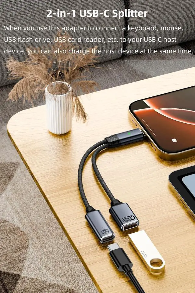 Alt view image 2 of 6 - USB C to USB OTG Cable and Charger Adapter 2-in-1 USB-C Splitter with 100W Fast Charging for iPhone 16/15 Series iPad MacBook Galaxy S24/S23 and More (Grey)