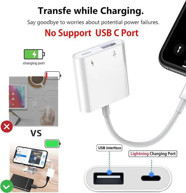 Alt view image 5 of 7 - Lightning to USB Camera Adapter for iPhone with Lightning Charging Port USB 3.0 Female OTG Cable Keyboard Mouse No Support USB C SSD
