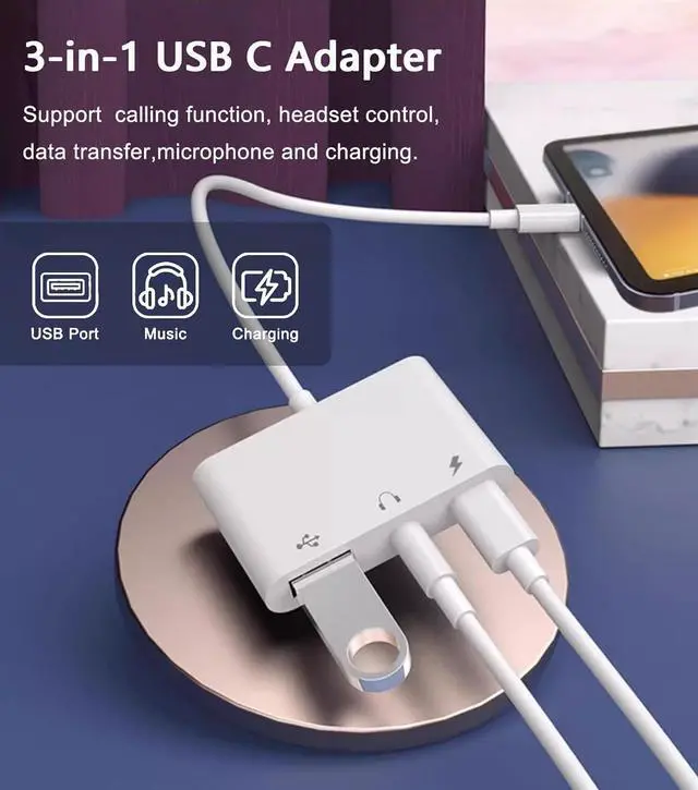 Alt view image 2 of 7 - USB C to USB OTG Adapter 3 in 1 AUX to USB C Adapter with 3.5mm Headphone Jack + OTG + 60W PD Fast Charging Port Compatible with iPhone 15/16 iPad Pro MacBook and More