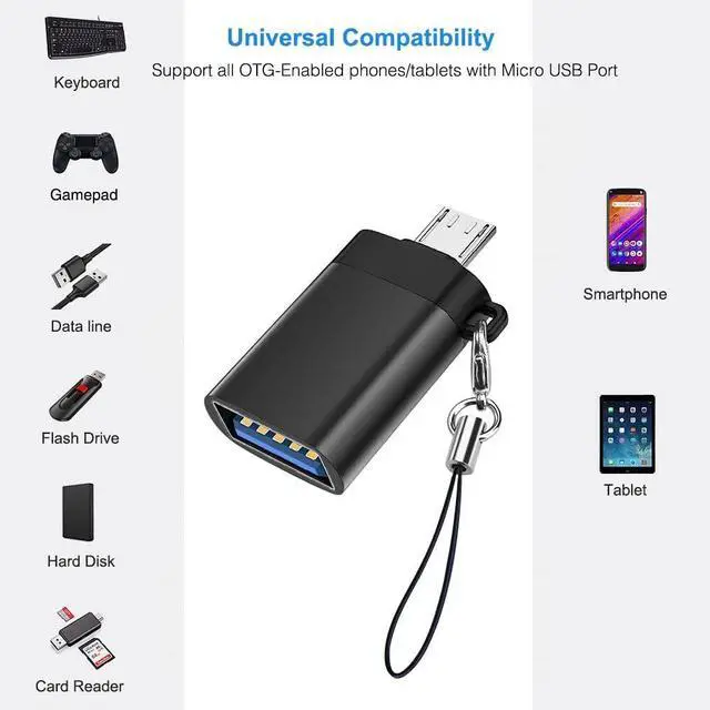 Alt view image 2 of 7 - Micro USB to USB 3.0 Adapter (2 Pack) with Lanyard Micro USB Male to USB-A Female OTG Adapter Compatible with  S7 S6 OTG Micro Devices Flash Drive Keyboard (Black)