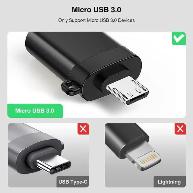 Alt view image 3 of 7 - Micro USB to USB 3.0 Adapter (2 Pack) with Lanyard Micro USB Male to USB-A Female OTG Adapter Compatible with  S7 S6 OTG Micro Devices Flash Drive Keyboard (Black)