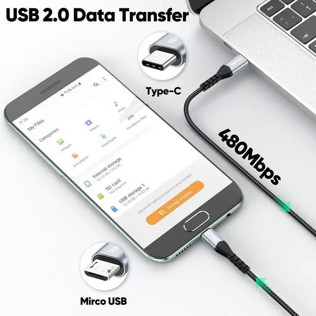 Alt view image 6 of 7 - USB C to Micro USB Cable 6 Inch Short 480Mbps Data Transfer & 12W Charging USB-C Type C to Micro USB Cable Adapter OTG Cord Braided for MicroUSB Devices