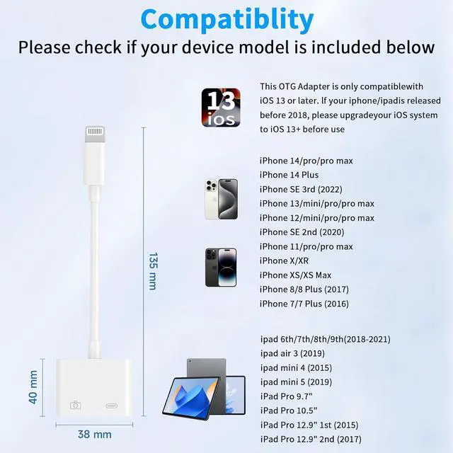 Alt view image 7 of 7 - [ MFi Certified] Lightning to USB Camera Adapter for iPhone iPad to USB 3.0 Female OTG Adapter with Charging Port Plug and Play Support Card Reader USB Flash Drives Keyboard