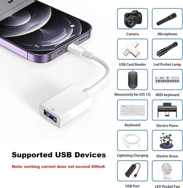 Alt view image 4 of 7 - Lightning to USB Camera Adapter for Selected iPhone iPad Models - OTG Adapter Support Digital Camera USB Flash Drive Card Reader Mouse Keyboard MIDI Keyboard etc - [1 Pack White]