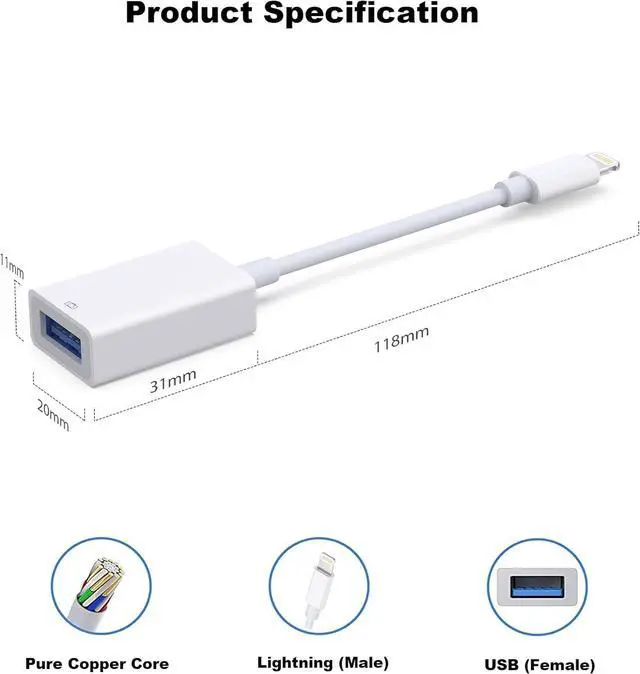Alt view image 5 of 7 - Lightning to USB Camera Adapter for Selected iPhone iPad Models - OTG Adapter Support Digital Camera USB Flash Drive Card Reader Mouse Keyboard MIDI Keyboard etc - [1 Pack White]