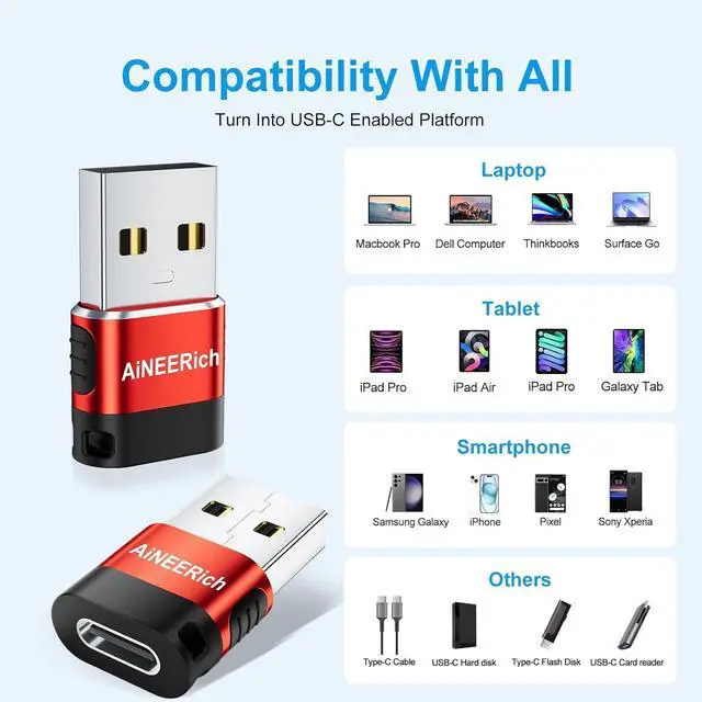 Alt view image 2 of 7 - USB to USB C Adapter USB A to USB C Adapter USBA Male to USBC Female OTG Connector Charger Cable Converter for iPhone iPad  Galaxy iWatch Red
