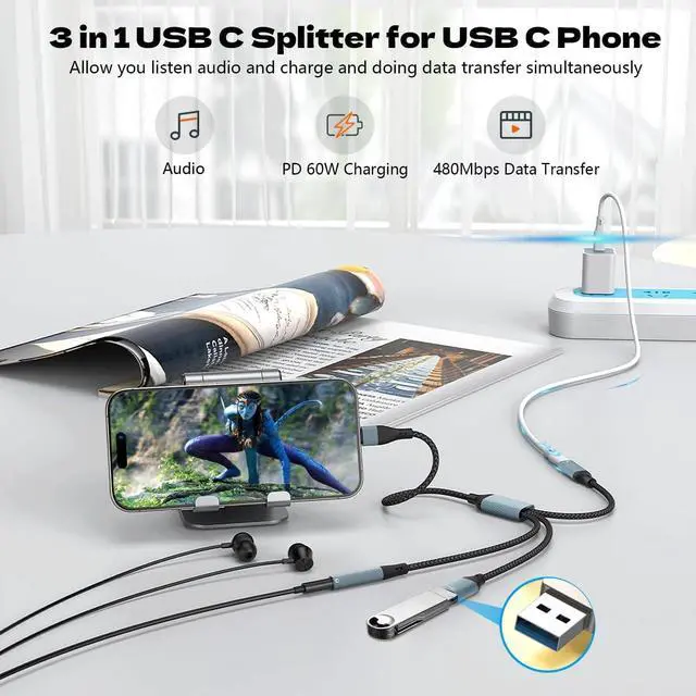 Alt view image 3 of 7 - USB C Splitter USB C to 3.5mm Headphone Adapter and PD 60W Charger Cable USB C to USB A OTG Splitter with Data Transfer Compatible with iPad Pro iPad Air 6/5 MacBook iPhone 16/15 Galaxy S24/S23