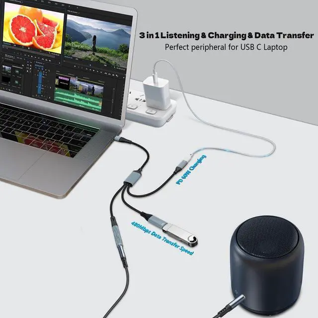 Alt view image 5 of 7 - USB C Splitter USB C to 3.5mm Headphone Adapter and PD 60W Charger Cable USB C to USB A OTG Splitter with Data Transfer Compatible with iPad Pro iPad Air 6/5 MacBook iPhone 16/15 Galaxy S24/S23