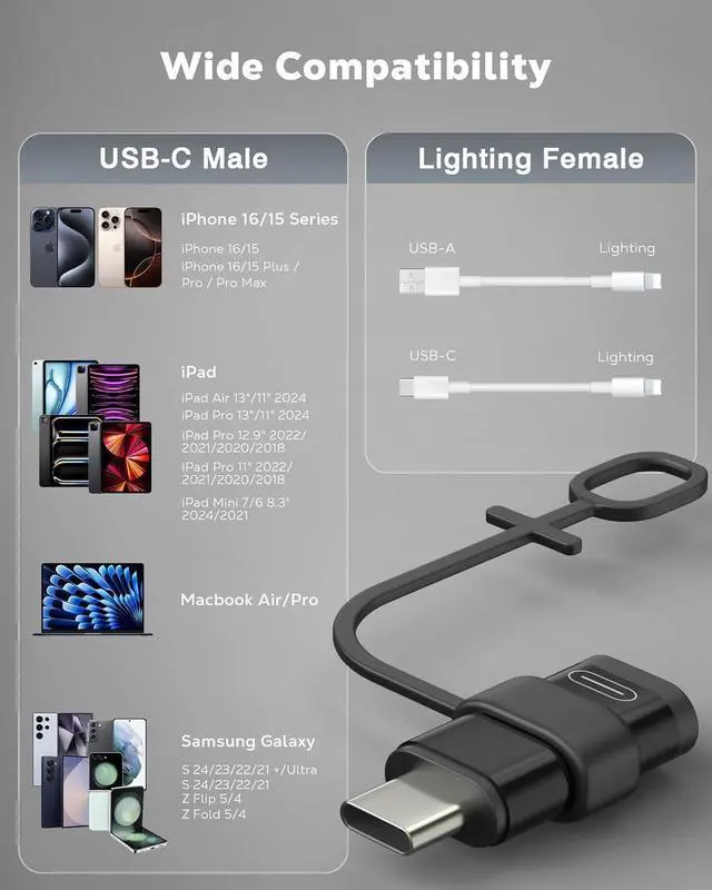 Alt view image 6 of 7 - Lightning to USB C Adapter 2Pack NOT for Earbuds/Headphones/OTG USB-C to Lightning Adapter for iPhone 15/16 Pro/16 Pro Max/Plus Galaxy S24 iPad ONLY for 36W Fast Charging/Data Sync Black