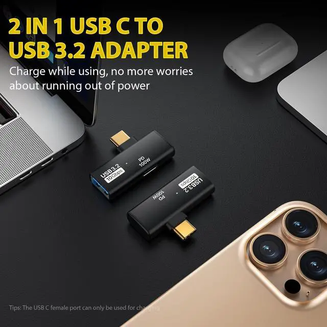 Alt view image 2 of 7 - 2 in 1 USB C to USB 3.2 Adapter with 100W Charging Port USB C Male to USB Female Adapter OTG Converter for iPhone 16/15 Series MacBook iPad and More Type C Devices Black