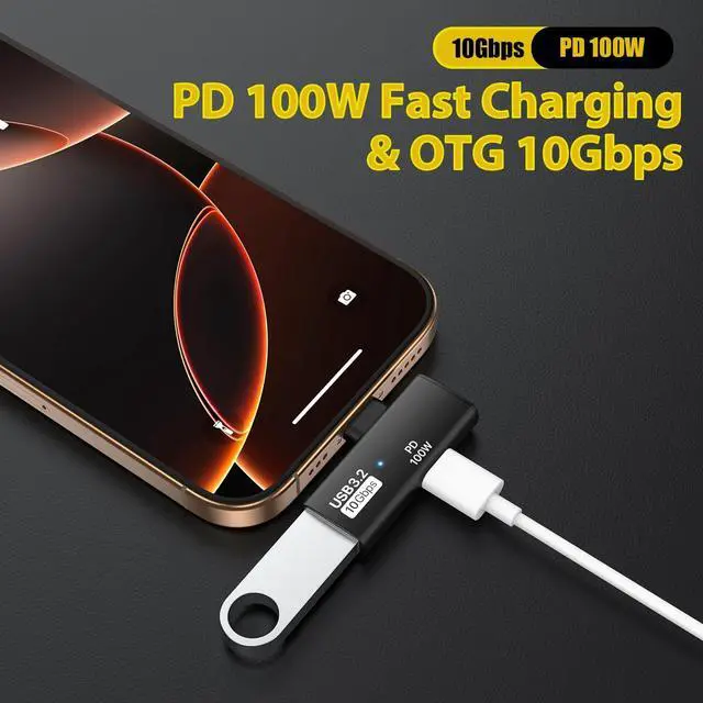 Alt view image 3 of 7 - 2 in 1 USB C to USB 3.2 Adapter with 100W Charging Port USB C Male to USB Female Adapter OTG Converter for iPhone 16/15 Series MacBook iPad and More Type C Devices Black