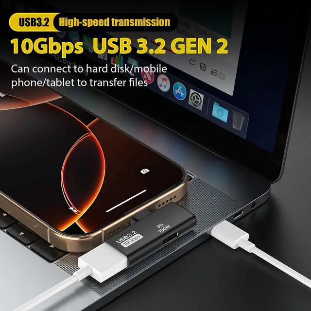 Alt view image 4 of 7 - 2 in 1 USB C to USB 3.2 Adapter with 100W Charging Port USB C Male to USB Female Adapter OTG Converter for iPhone 16/15 Series MacBook iPad and More Type C Devices Black