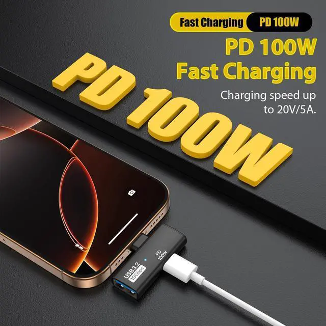 Alt view image 5 of 7 - 2 in 1 USB C to USB 3.2 Adapter with 100W Charging Port USB C Male to USB Female Adapter OTG Converter for iPhone 16/15 Series MacBook iPad and More Type C Devices Black
