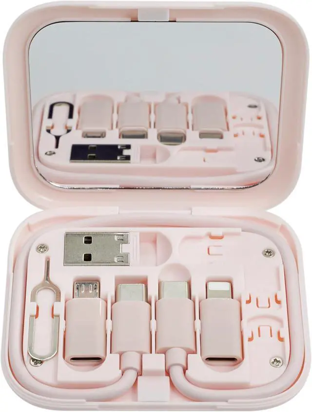 Main image of USB C to C Charging/Data Transfer Cable with Type C to Micro/iOS/USB A adapters OTG in Pocket Box with Makeup Mirror Pink