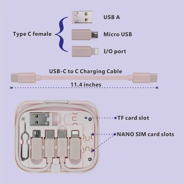 Alt view image 2 of 6 - USB C to C Charging/Data Transfer Cable with Type C to Micro/iOS/USB A adapters OTG in Pocket Box with Makeup Mirror Pink