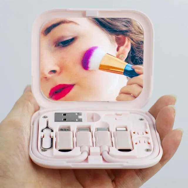 Alt view image 3 of 6 - USB C to C Charging/Data Transfer Cable with Type C to Micro/iOS/USB A adapters OTG in Pocket Box with Makeup Mirror Pink
