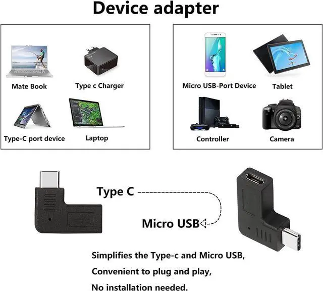 Alt view image 4 of 7 - Right Angle USB C to Micro USB Adapter 90 Degree Type C Male to Micro 5pin USB Female Charging and Data Transfer Connector Converter Adapter - 2 Pcs/Black