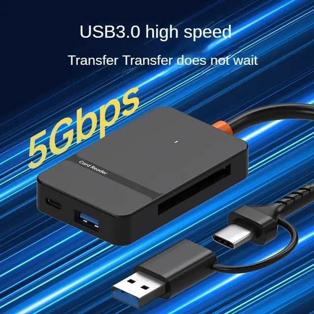 Alt view image 2 of 7 - High-Speed 6-in-1 USB 3.0/USB-C OTG Card Reader - 104MB/s CF/SD/TF/MS Adapter with Dual Ports & LED | Mac/PC/Android