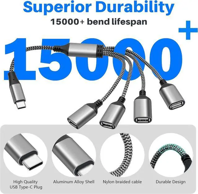 Alt view image 2 of 5 - USB C Y Splitter Cable 4-in-1 Adapter 1Feet USB Type-C Male to 4 Four USB-A Female OTG Connector Extender Hub Support Charging and Data Transfer for iPhone 16/15 Series Car Laptop PS4 PS5 Etc