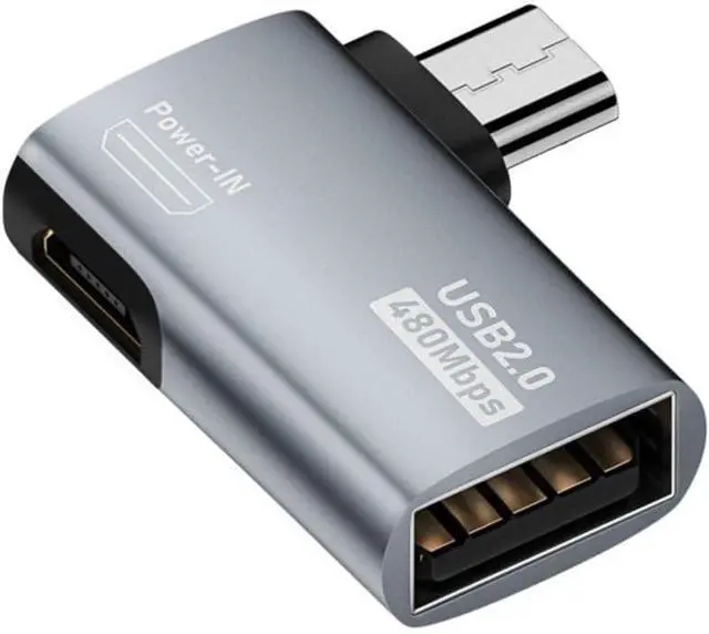 Main image of 2 in 1 Micro USB OTG Power Adapter Micro USB Male to USB 2.0 Female 90 Degree Left Angled Connector Adapter