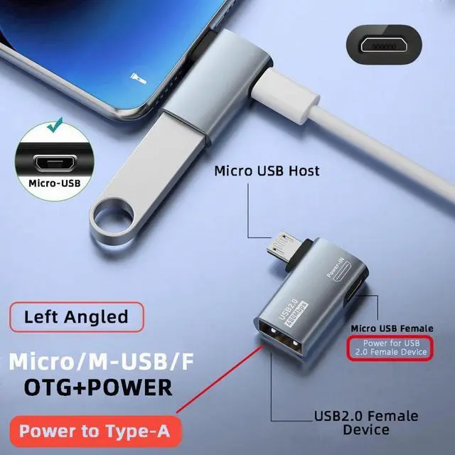 Alt view image 3 of 7 - 2 in 1 Micro USB OTG Power Adapter Micro USB Male to USB 2.0 Female 90 Degree Left Angled Connector Adapter