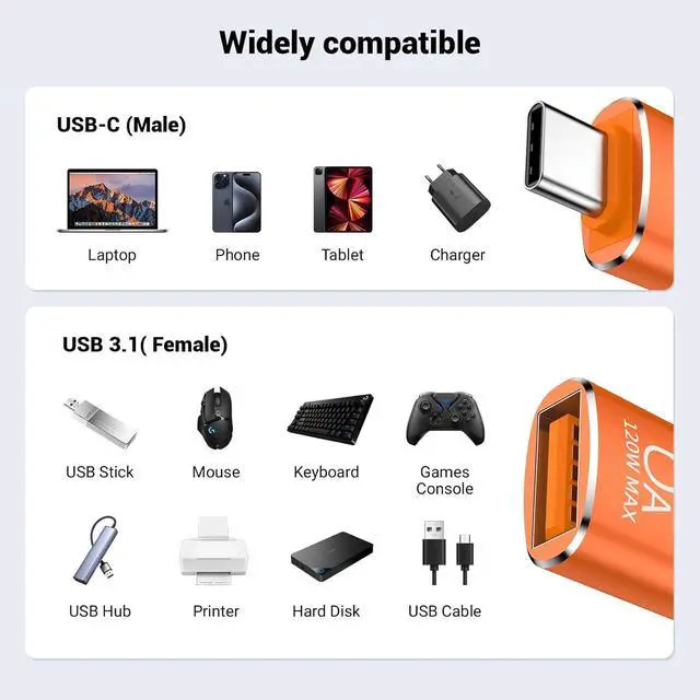 Alt view image 6 of 6 - 8 Pack 10Gbps/120W Type C Male to USB Female OTG Adapter Orange USB C to USB3.1 Adapter for Smartphone PC Laptop Tablet Keyboard etc.