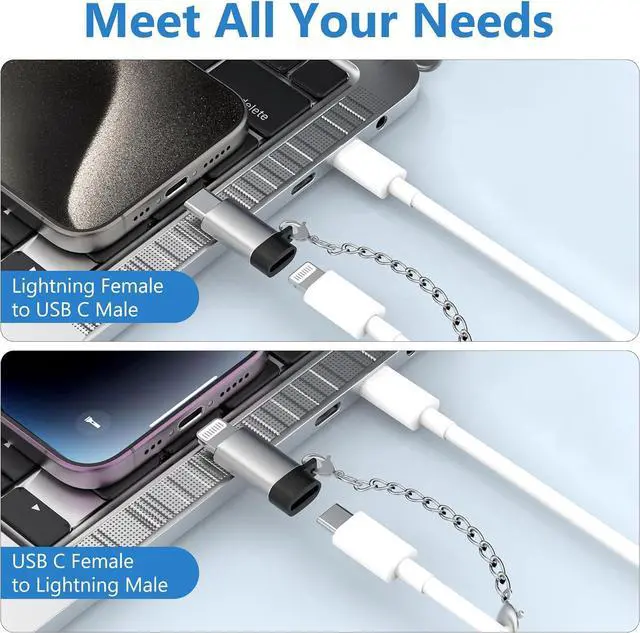 Alt view image 2 of 7 - 2 Pack Lightning to USB C Adapter & 2 Pack USB C to Lightning Adapter for iPhone 15/15 Pro/15 Pro Max/15 Plus and 14 13 12  iPad Air PD etc. with Anti-Lost chainNot Audio/OTG