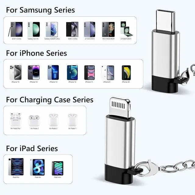 Alt view image 6 of 7 - 2 Pack Lightning to USB C Adapter & 2 Pack USB C to Lightning Adapter for iPhone 15/15 Pro/15 Pro Max/15 Plus and 14 13 12  iPad Air PD etc. with Anti-Lost chainNot Audio/OTG