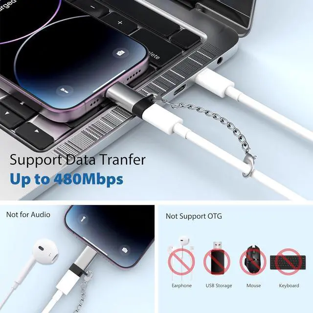 Alt view image 4 of 7 - 2 Pack Lightning to USB C Adapter & 2 Pack USB C to Lightning Adapter for iPhone 15/15 Pro/15 Pro Max/15 Plus and 14 13 12  iPad Air PD etc. with Anti-Lost chainNot Audio/OTG