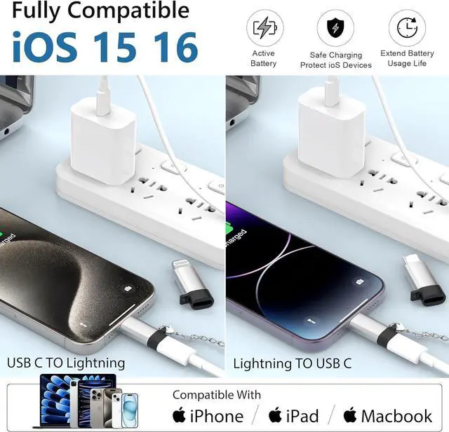 Alt view image 5 of 7 - 2 Pack Lightning to USB C Adapter & 2 Pack USB C to Lightning Adapter for iPhone 15/15 Pro/15 Pro Max/15 Plus and 14 13 12  iPad Air PD etc. with Anti-Lost chainNot Audio/OTG