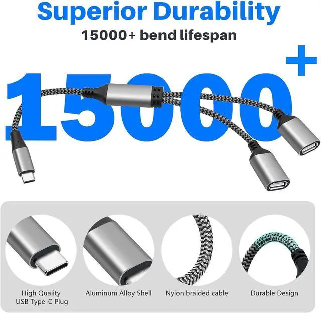 Alt view image 2 of 5 - USB C Y Splitter Cable 4-in-1 Adapter 2Feet USB Type-C Male to 2 Dual Double USB-A Female OTG Connector Extender Hub Support Charging and Data Transfer for iPhone 16/15 Series Car Laptop PS4 PS5