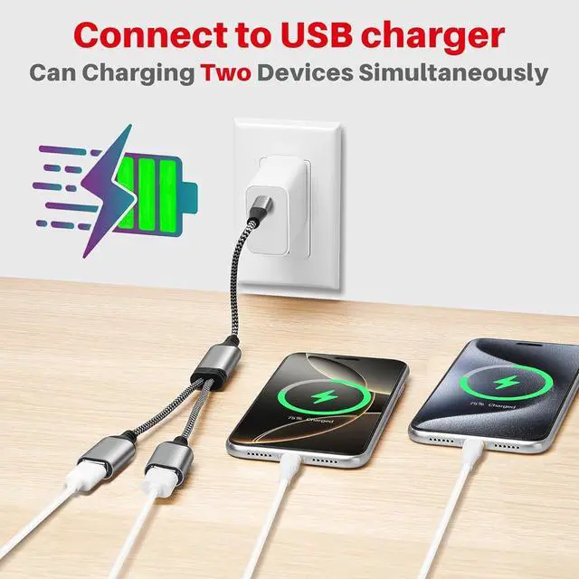 Alt view image 3 of 5 - USB C Y Splitter Cable 4-in-1 Adapter 2Feet USB Type-C Male to 2 Dual Double USB-A Female OTG Connector Extender Hub Support Charging and Data Transfer for iPhone 16/15 Series Car Laptop PS4 PS5