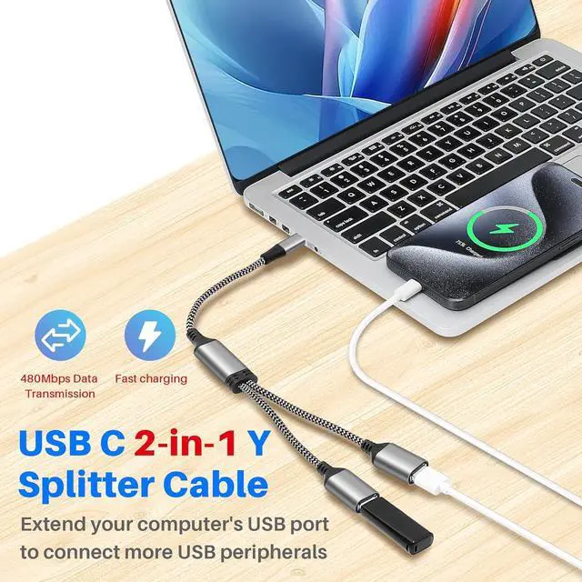 Alt view image 4 of 5 - USB C Y Splitter Cable 4-in-1 Adapter 2Feet USB Type-C Male to 2 Dual Double USB-A Female OTG Connector Extender Hub Support Charging and Data Transfer for iPhone 16/15 Series Car Laptop PS4 PS5