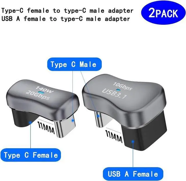 Alt view image 2 of 5 - 180 Degree Angle USB C Adapter 2 Pack 180° U Shape USB-C Male to Female 100W and USB-C Male to USB-A Female Adapter 36W Charging (C to A) LED/Al Alloy for Steam Deck Smartphone Table