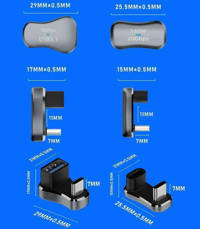 Alt view image 3 of 5 - 180 Degree Angle USB C Adapter 2 Pack 180° U Shape USB-C Male to Female 100W and USB-C Male to USB-A Female Adapter 36W Charging (C to A) LED/Al Alloy for Steam Deck Smartphone Table