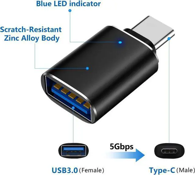 Alt view image 2 of 6 - USB C to USB Adapter Type C Male to USB 3.0 OTG Adapter with Blue LED Indicator Light Compatible with MacBook Pro/Air USB-C Phones and Tablets and Other USB-C Devices Plug and Plug