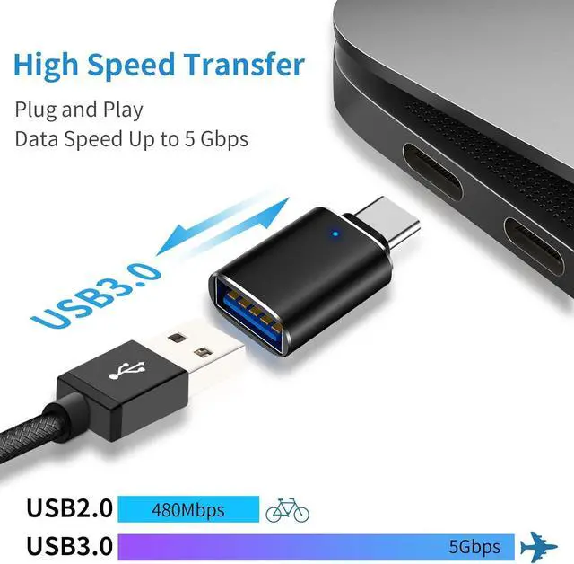 Alt view image 3 of 6 - USB C to USB Adapter Type C Male to USB 3.0 OTG Adapter with Blue LED Indicator Light Compatible with MacBook Pro/Air USB-C Phones and Tablets and Other USB-C Devices Plug and Plug