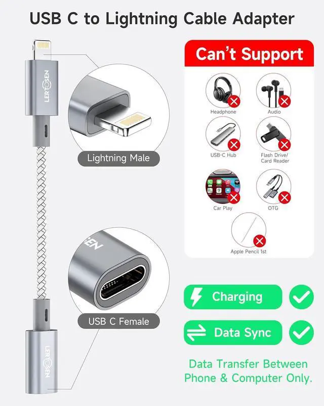 Alt view image 2 of 7 - 2 Pack 27W USB C to Lightning Cable Adapter, PD Fast Charging & Data Transfer, Type C Female to Lightning Male Charger Converter Cord for iPhone 14/13/12/11,iPad, Airpods,Not for Audio/Headphone/OTG