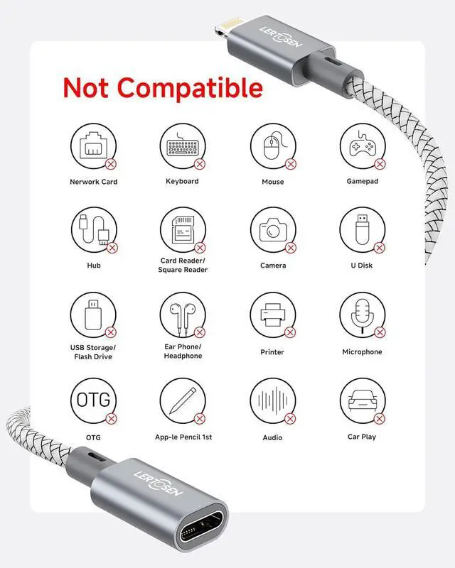 Alt view image 4 of 7 - 2 Pack 27W USB C to Lightning Cable Adapter, PD Fast Charging & Data Transfer, Type C Female to Lightning Male Charger Converter Cord for iPhone 14/13/12/11,iPad, Airpods,Not for Audio/Headphone/OTG
