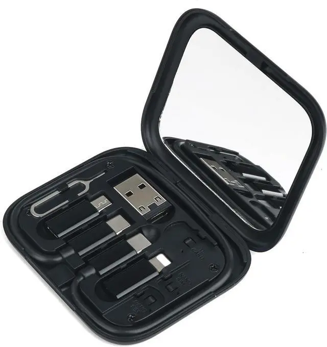 Main image of USB C to C Cable 11.3 with 3 OTG Adapters Type C Female to USB A/Micro/iOS Device in Pocket Case with Mirror Inside Black