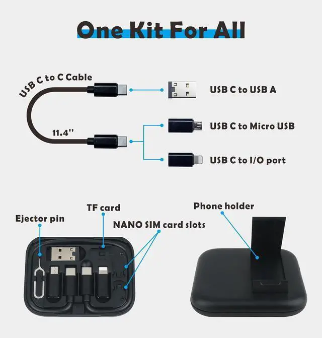 Alt view image 2 of 7 - USB C to C Cable 11.3 with 3 OTG Adapters Type C Female to USB A/Micro/iOS Device in Pocket Case with Mirror Inside Black