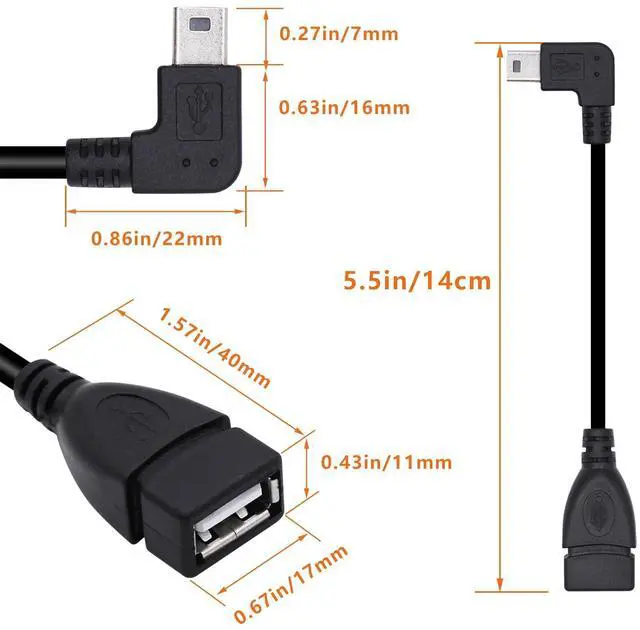Alt view image 7 of 7 - 90 Degree Mini USB to USB A OTG Adapter Cable 5.5in Left Angle Mini USB 5-Pin Type B Male to USB Type A Female Adapter Cord for Digital Cameras Black 14cm(2 Pack Left)