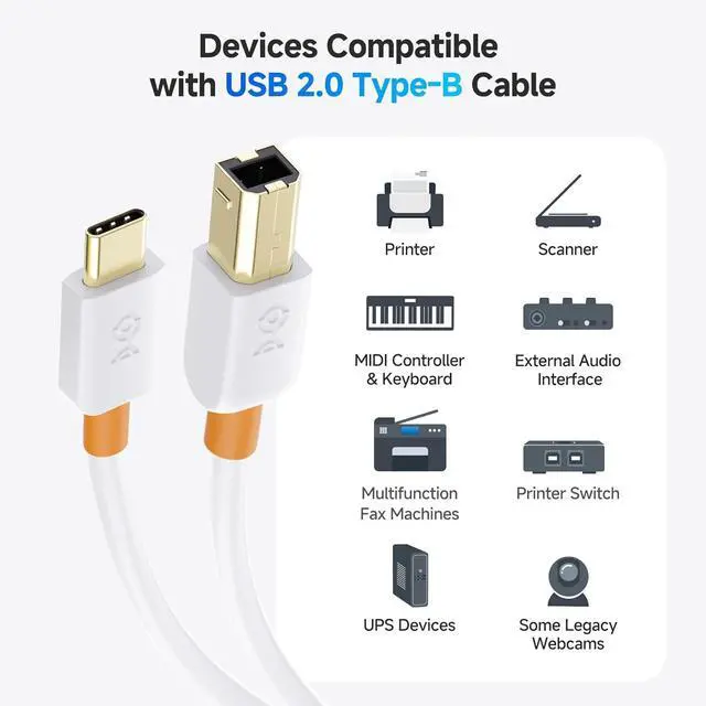 Alt view image 4 of 7 - USB B to USB C Cable - 6.6ft USB-C to USB-B Cable MIDI to USBC Cord Compatible with Printer MIDI Controller/Keyboard White