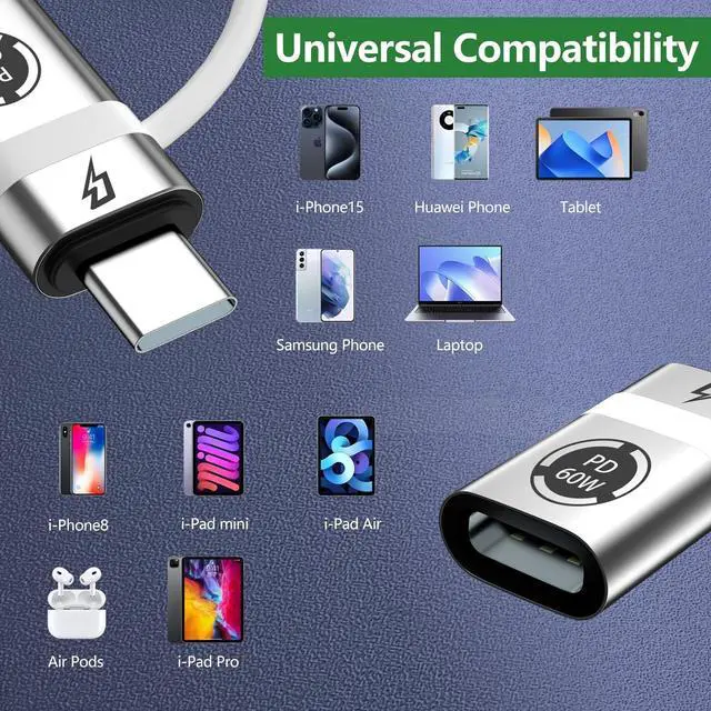 Alt view image 3 of 7 - Lig-htning to USB C Adapter PD60W Quick Charge and Data USB C to i-OS Female Adapter Compatible with Phone 15/15 Plus/15 Pro Supports No Headphones and OTG Functions Silver Colour