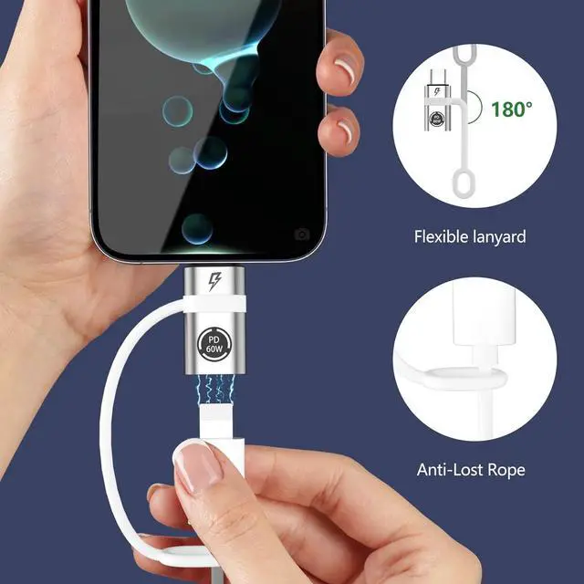 Alt view image 6 of 7 - Lig-htning to USB C Adapter PD60W Quick Charge and Data USB C to i-OS Female Adapter Compatible with Phone 15/15 Plus/15 Pro Supports No Headphones and OTG Functions Silver Colour